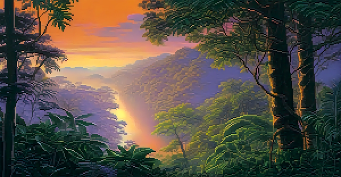 A tranquil Amazon rainforest scene at dusk, showcasing vibrant greenery and colorful skies.