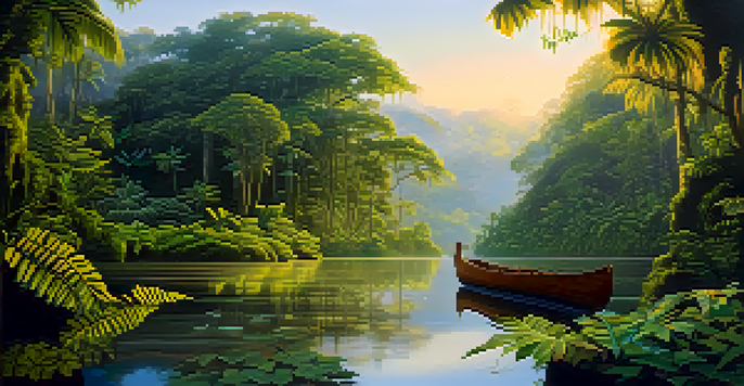 A peaceful Amazon rainforest at sunrise with a river and a wooden canoe surrounded by tropical plants.