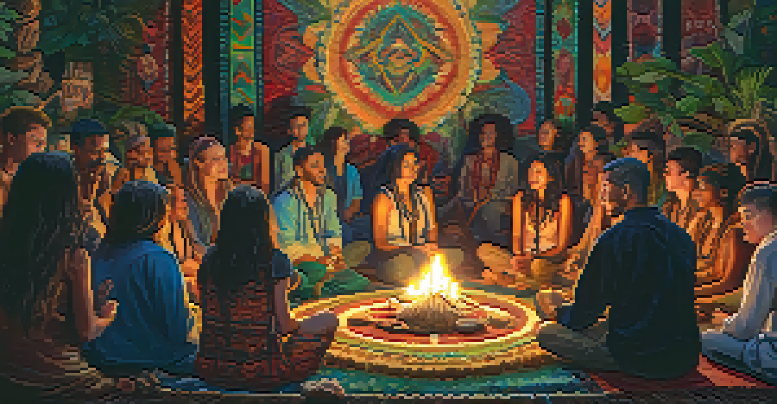 Diverse participants sitting in a circle during an Ayahuasca ceremony, with a shaman singing in a warmly lit space.