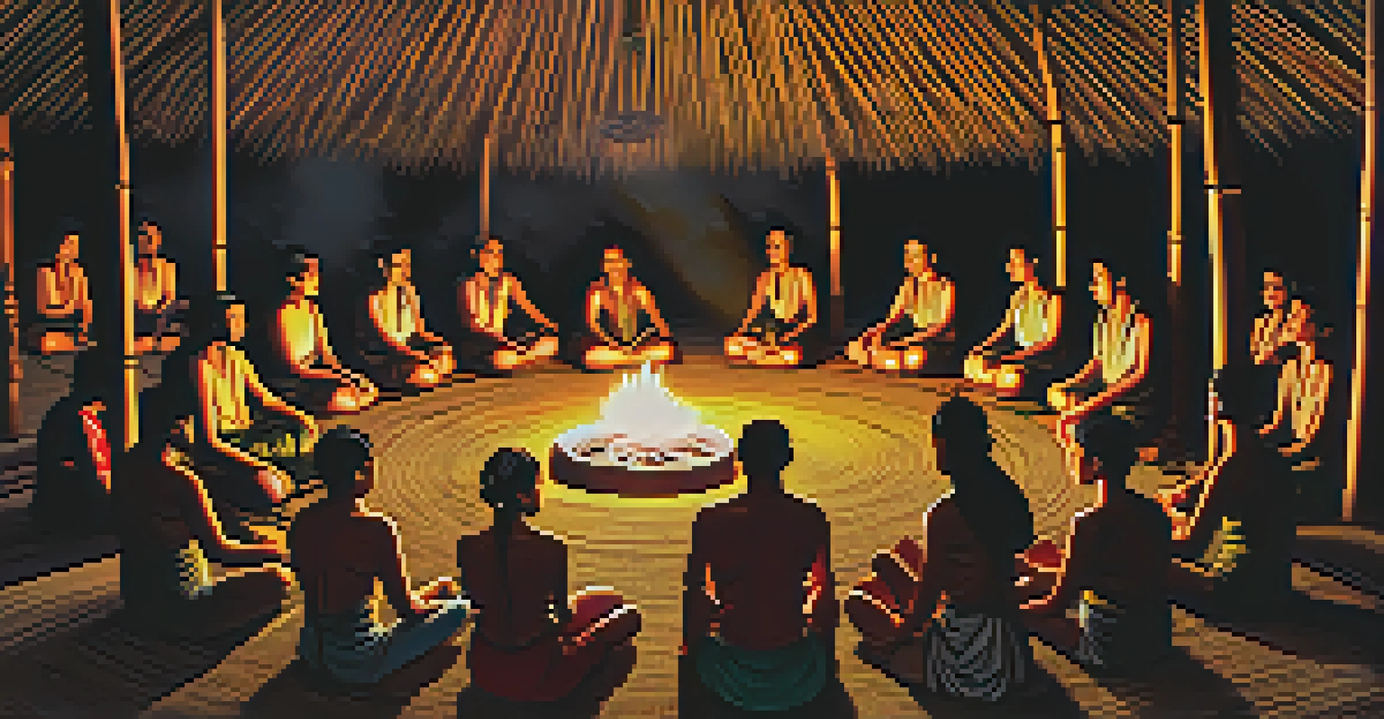 Participants in a circle during an Ayahuasca ceremony inside a bamboo hut, illuminated by candlelight.