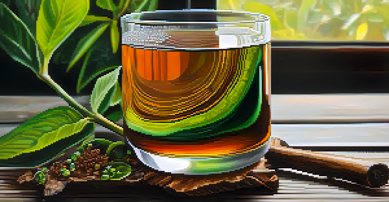 A close-up of a glass of Ayahuasca brew on a wooden table, with blurred plant elements in the background.