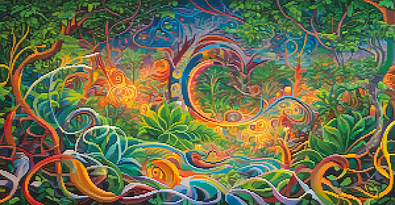 An abstract representation of the inner journey during an Ayahuasca ceremony, featuring swirling colors and nature elements symbolizing healing and growth.