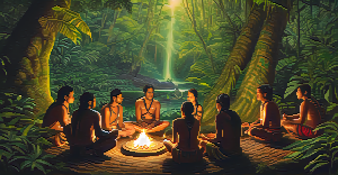 A traditional ayahuasca ceremony in the Amazon rainforest with participants sitting around a fire and a shaman guiding them.