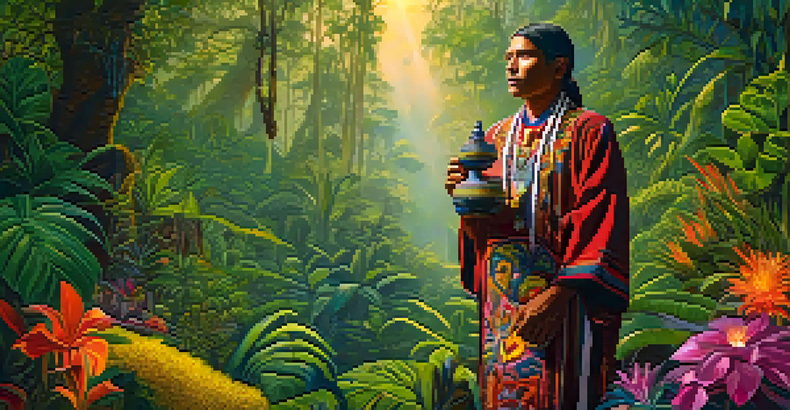 An indigenous healer in traditional clothing holding a ceremonial cup in a vibrant jungle setting, with colorful plants and sunlight filtering through the trees.