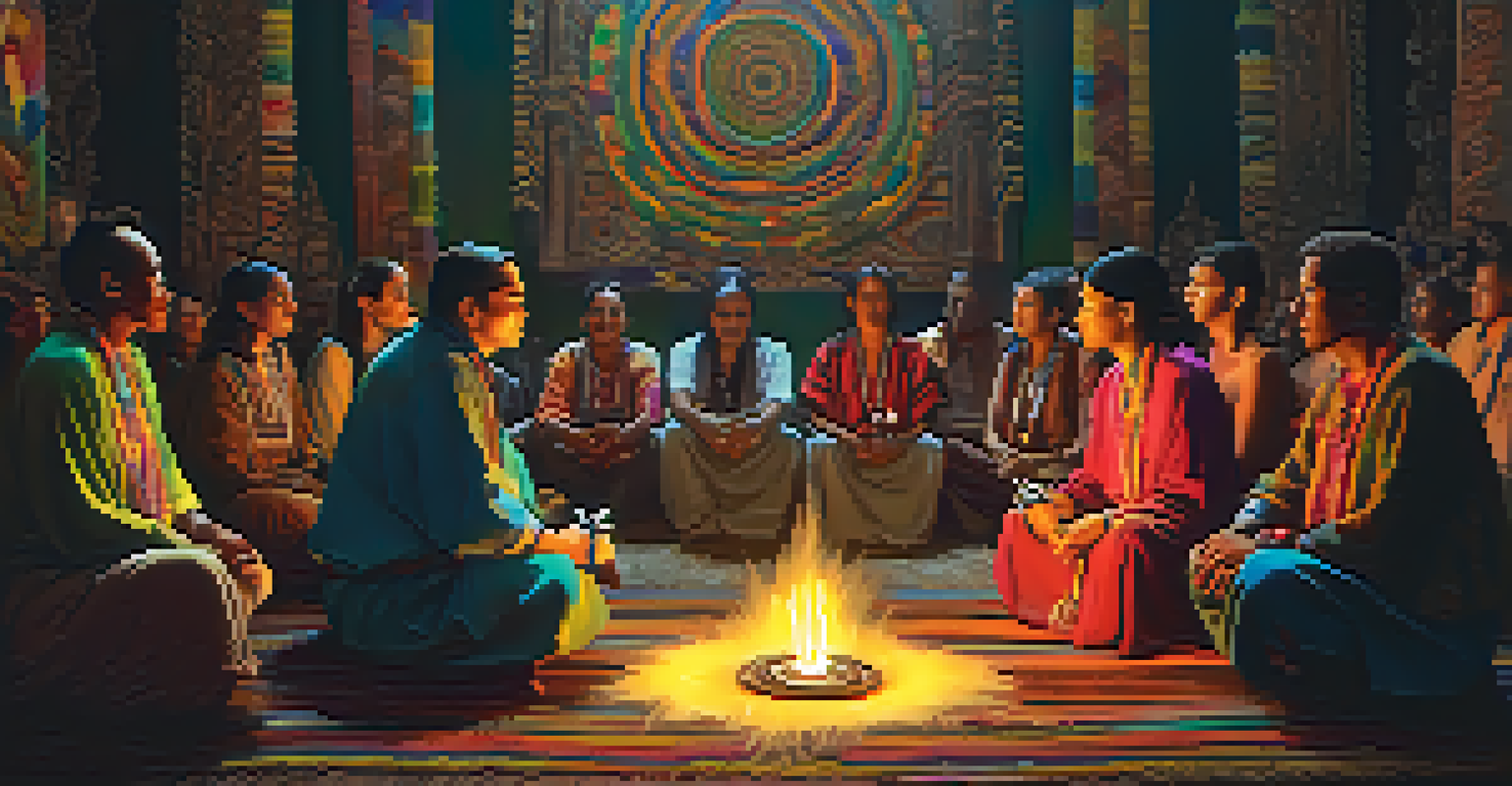 A close-up of an Ayahuasca ceremony with a shaman guiding participants in a candle-lit room.