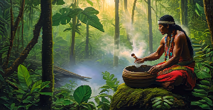 A shaman in the Amazon rainforest preparing Ayahuasca, with mist and soft morning light filtering through lush greenery.