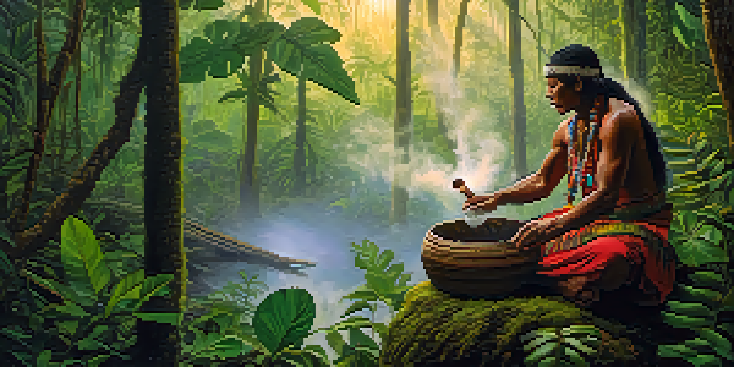 A shaman in the Amazon rainforest preparing Ayahuasca, with mist and soft morning light filtering through lush greenery.