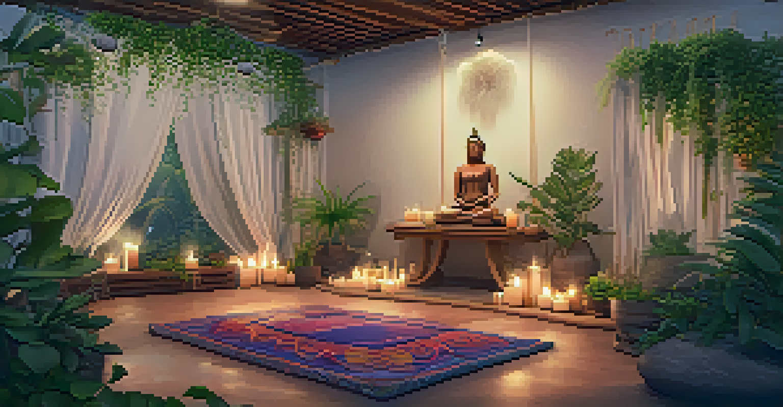 A serene meditation space for an ayahuasca ceremony, adorned with soft fabrics and candles, surrounded by plants.