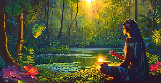 A shaman sitting in the Amazon rainforest at dusk, holding a ceremonial cup, surrounded by lush greenery and colorful flowers.