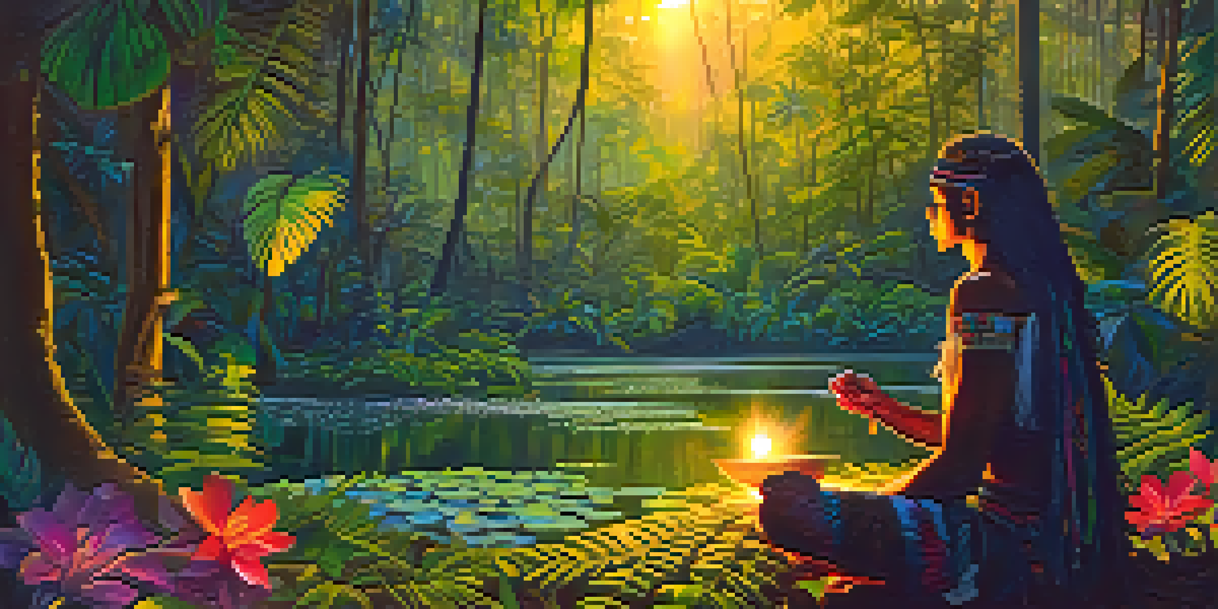 A shaman sitting in the Amazon rainforest at dusk, holding a ceremonial cup, surrounded by lush greenery and colorful flowers.