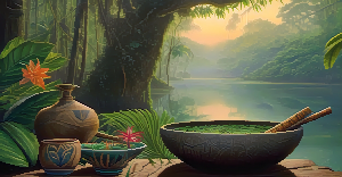 A peaceful Amazon rainforest scene at dawn with lush greenery, vibrant flowers, and a traditional Ayahuasca brew in a rustic bowl.