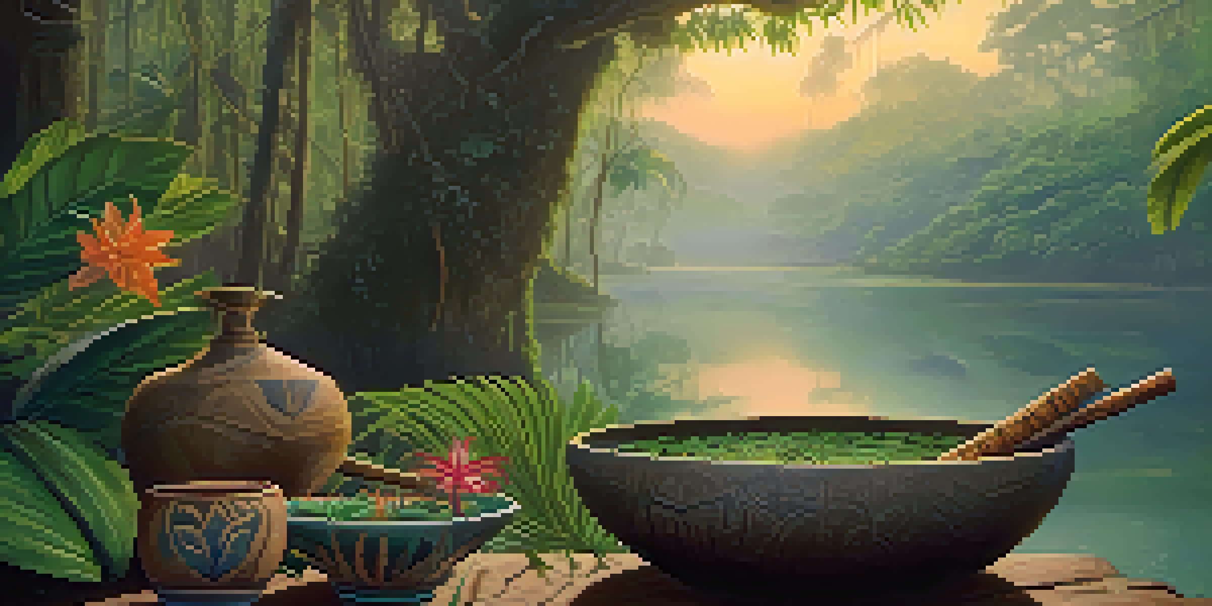A peaceful Amazon rainforest scene at dawn with lush greenery, vibrant flowers, and a traditional Ayahuasca brew in a rustic bowl.