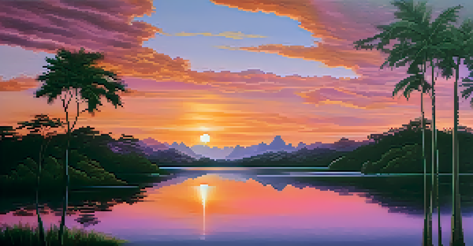 A stunning sunset over the Amazon rainforest, with vibrant colors and silhouettes of trees and mountains.