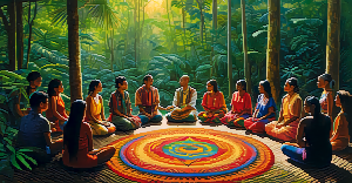 A group of people in a circle participating in an Ayahuasca ceremony in a green Amazon rainforest, with a shaman in vibrant attire at the center.