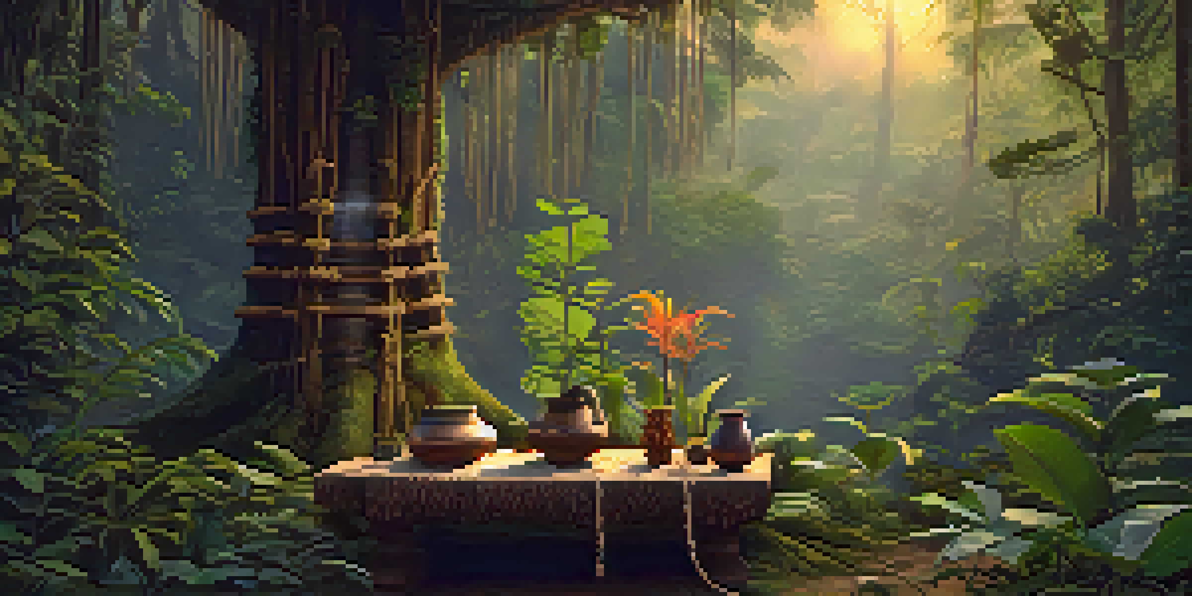 A tranquil Amazon rainforest at twilight, with a vine and lush greenery, a wooden table with Ayahuasca ceremony artifacts.