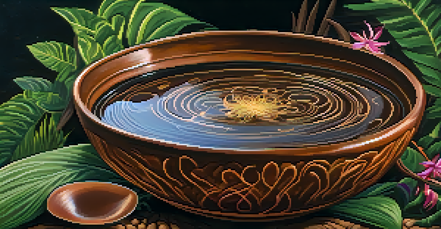 A close-up of traditional Ayahuasca brew in a rustic bowl, surrounded by fresh Amazonian plants and flowers.