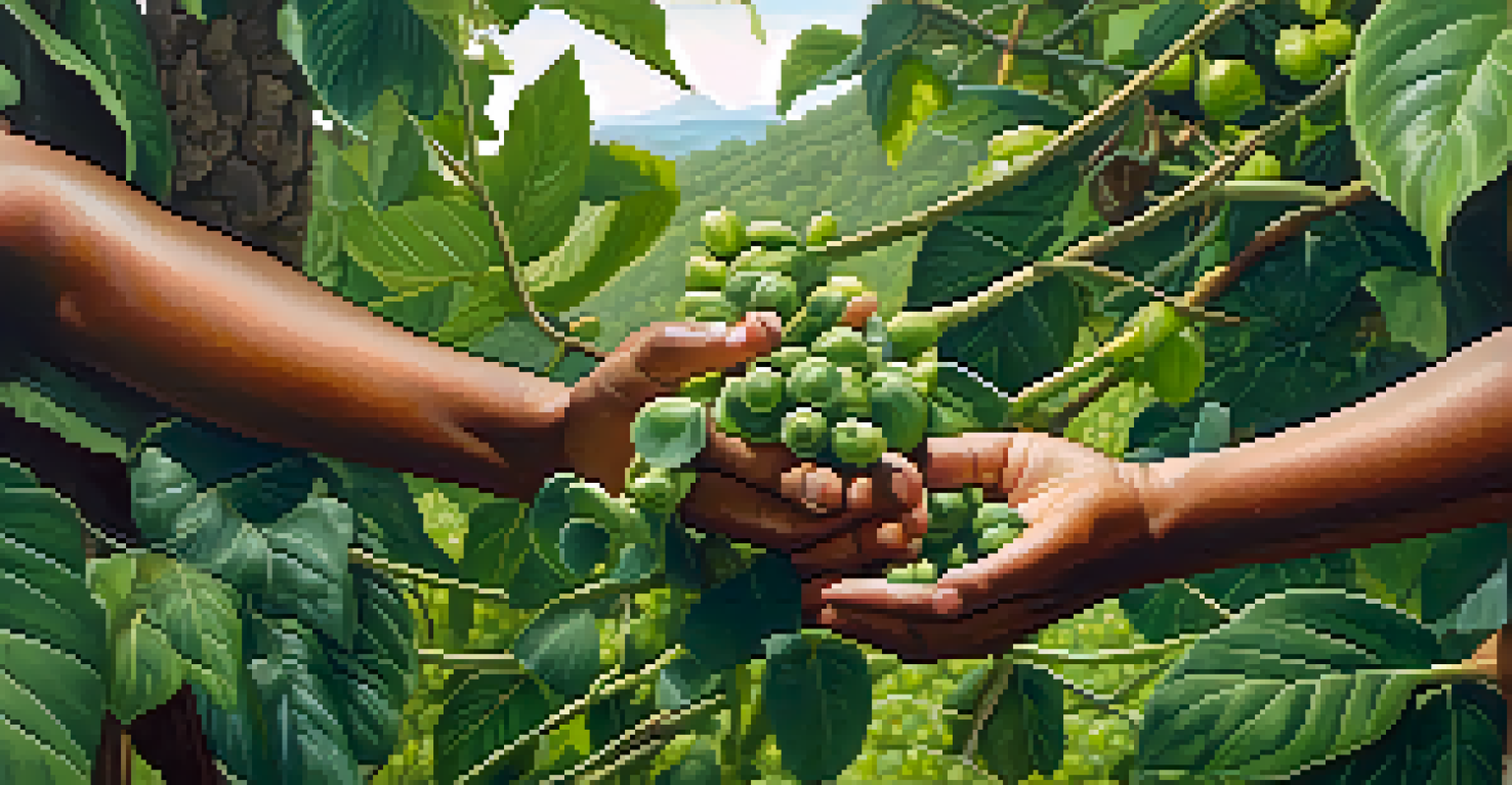 Close-up of hands harvesting the Banisteriopsis caapi vine sustainably in a green environment.