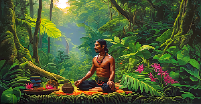 A peaceful Amazon rainforest with Chacruna leaves in the foreground and a shaman preparing Ayahuasca in the background under sunlight filtering through the trees.