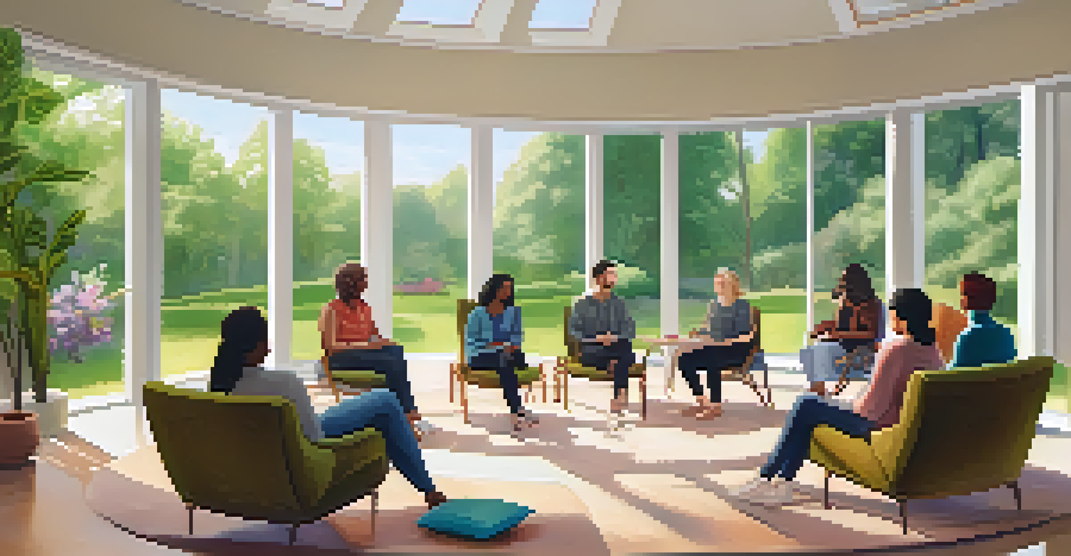 A diverse group therapy session in a sunlit room, sitting in a circle with participants sharing experiences and a whiteboard in the background.