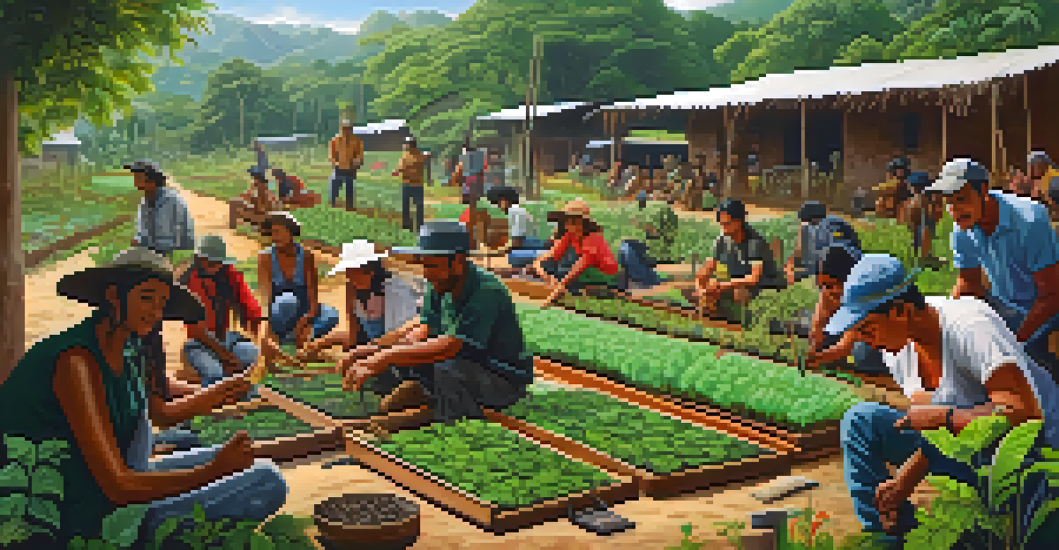 Local farmers participating in a community workshop, planting ayahuasca and native plants together, showcasing collaboration and sustainability.