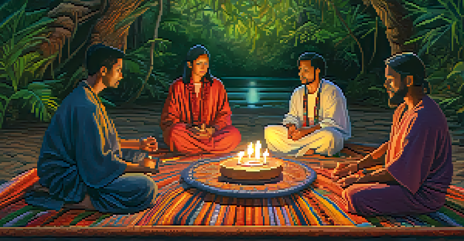 A group of people seated around an altar for an Ayahuasca ceremony, with natural decorations and a warm, inviting light.