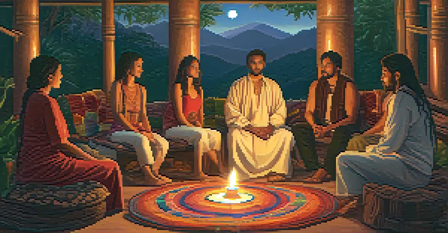 A group of people in a candle-lit room participating in an ayahuasca ceremony, seated in a circle around an altar.