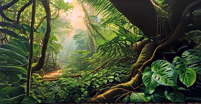 A tranquil Amazon rainforest with green vines, leaves, and soft sunlight filtering through the trees.