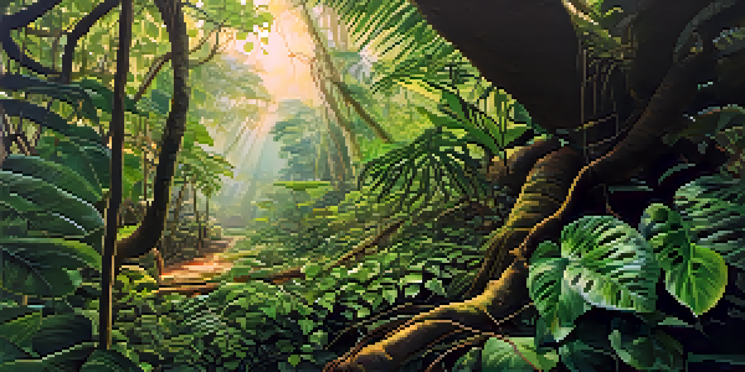 A tranquil Amazon rainforest with green vines, leaves, and soft sunlight filtering through the trees.