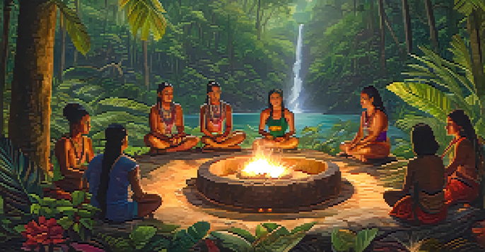A peaceful ayahuasca ceremony in a vibrant rainforest with participants sitting around a fire.