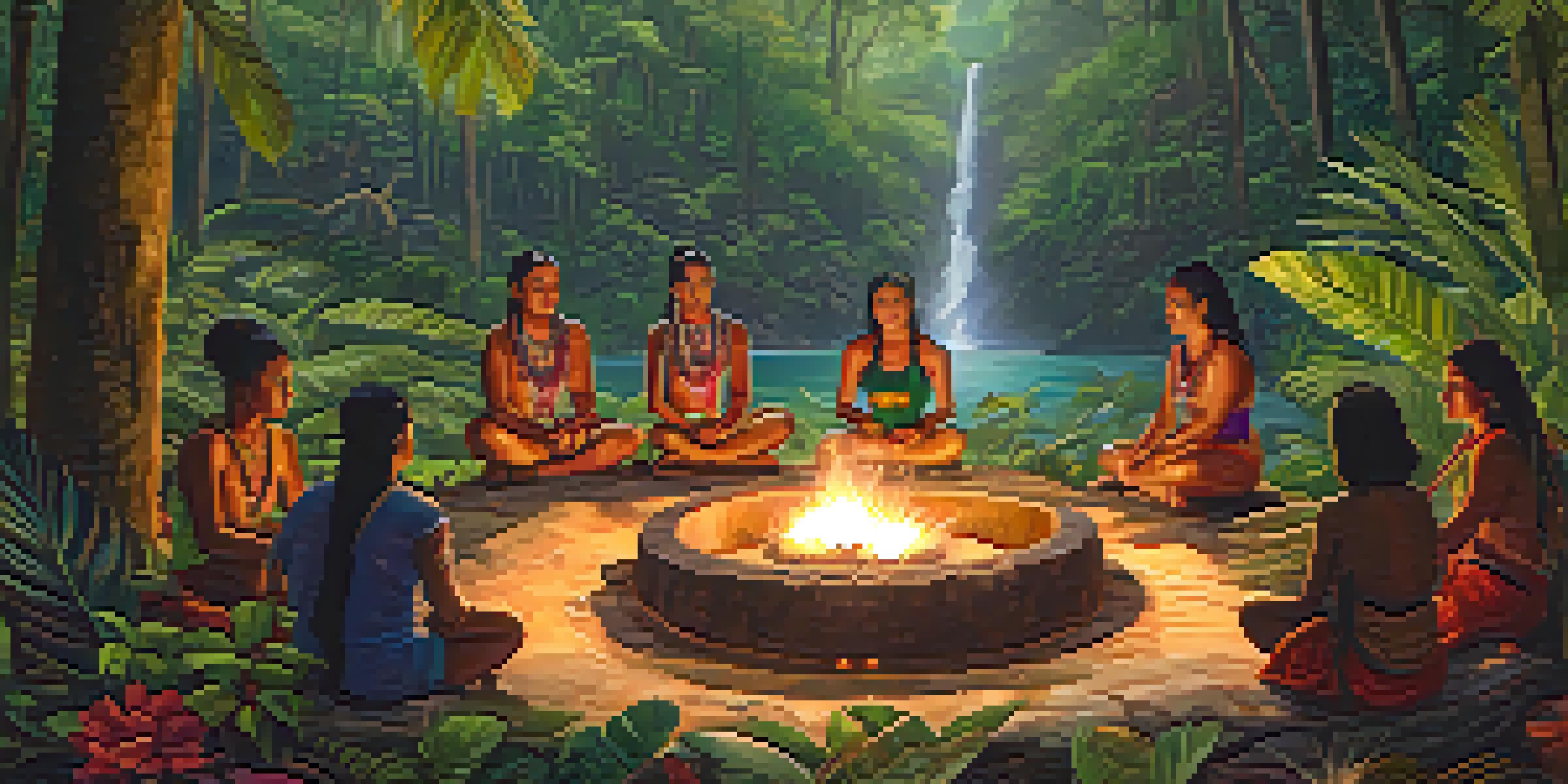 A peaceful ayahuasca ceremony in a vibrant rainforest with participants sitting around a fire.