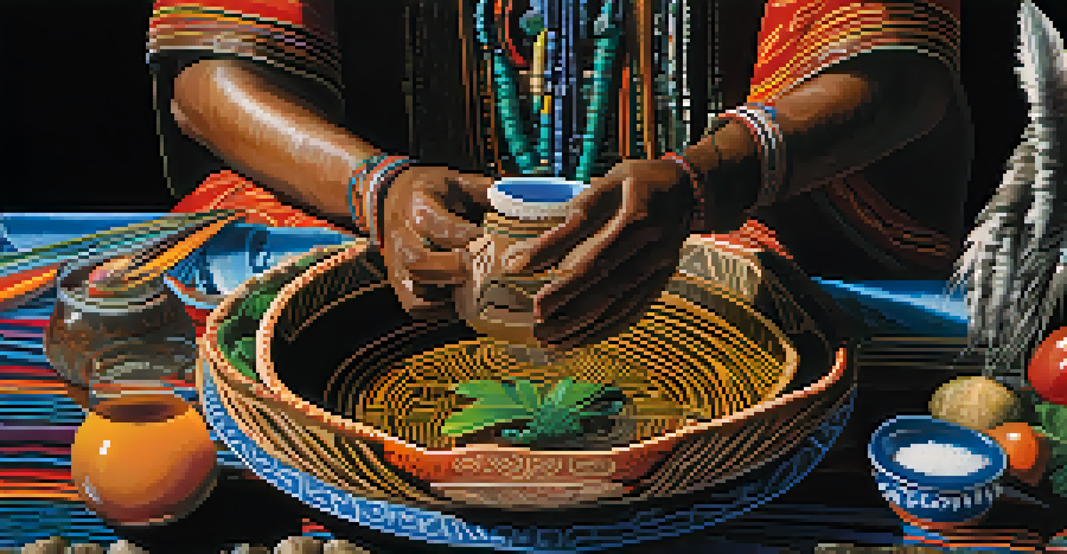 A close-up of a shaman's hands holding a beautifully designed bowl of Ayahuasca brew, with natural light reflecting off the dark liquid.