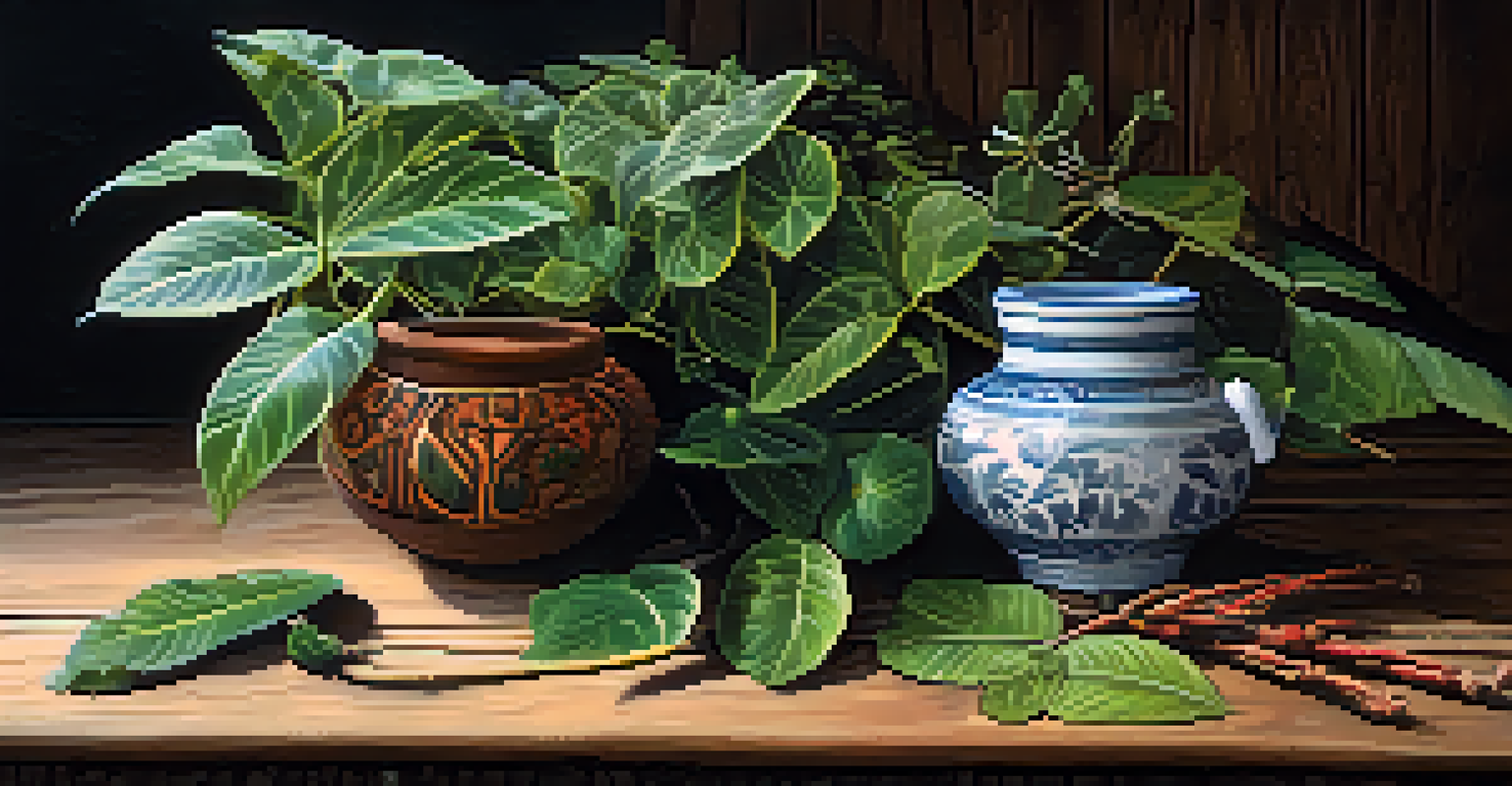 A detailed view of Ayahuasca plants on a wooden table, with soft light illuminating the textures and a ceramic cup nearby.