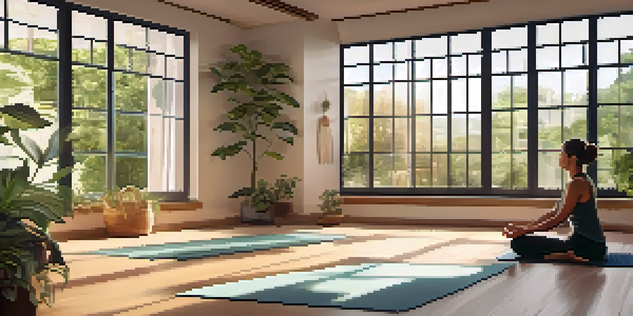 A person practicing yoga in a sunlit studio surrounded by plants and soft textures.