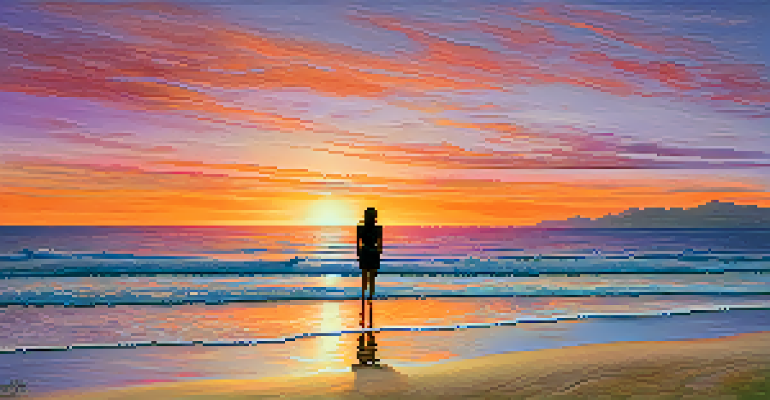 A person standing on a beach at sunset, looking at the horizon with colorful skies and gentle waves around them.