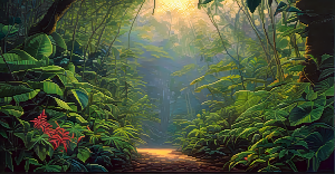 A tranquil rainforest scene at twilight with vines and leaves under soft light.