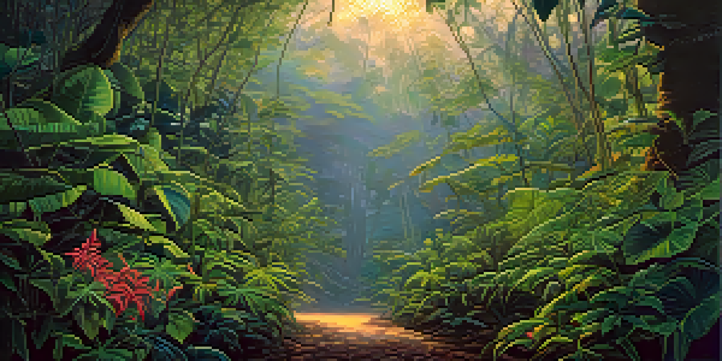 A tranquil rainforest scene at twilight with vines and leaves under soft light.