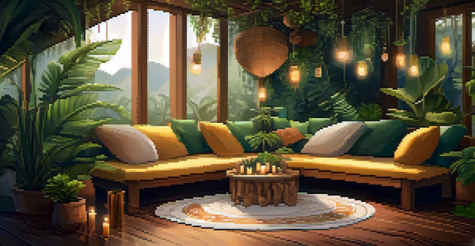 A serene setting for an Ayahuasca ceremony with cushions, plants, and candles, illuminated by soft light.