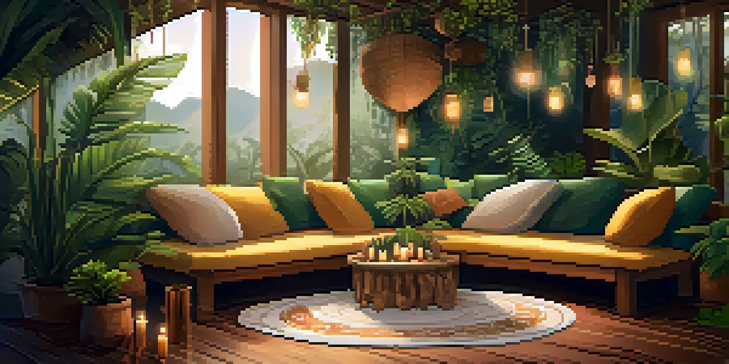 A serene setting for an Ayahuasca ceremony with cushions, plants, and candles, illuminated by soft light.