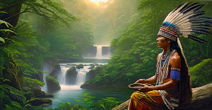 A tranquil scene in the Amazon rainforest with a shaman preparing Ayahuasca at dawn, surrounded by lush greenery and mist.