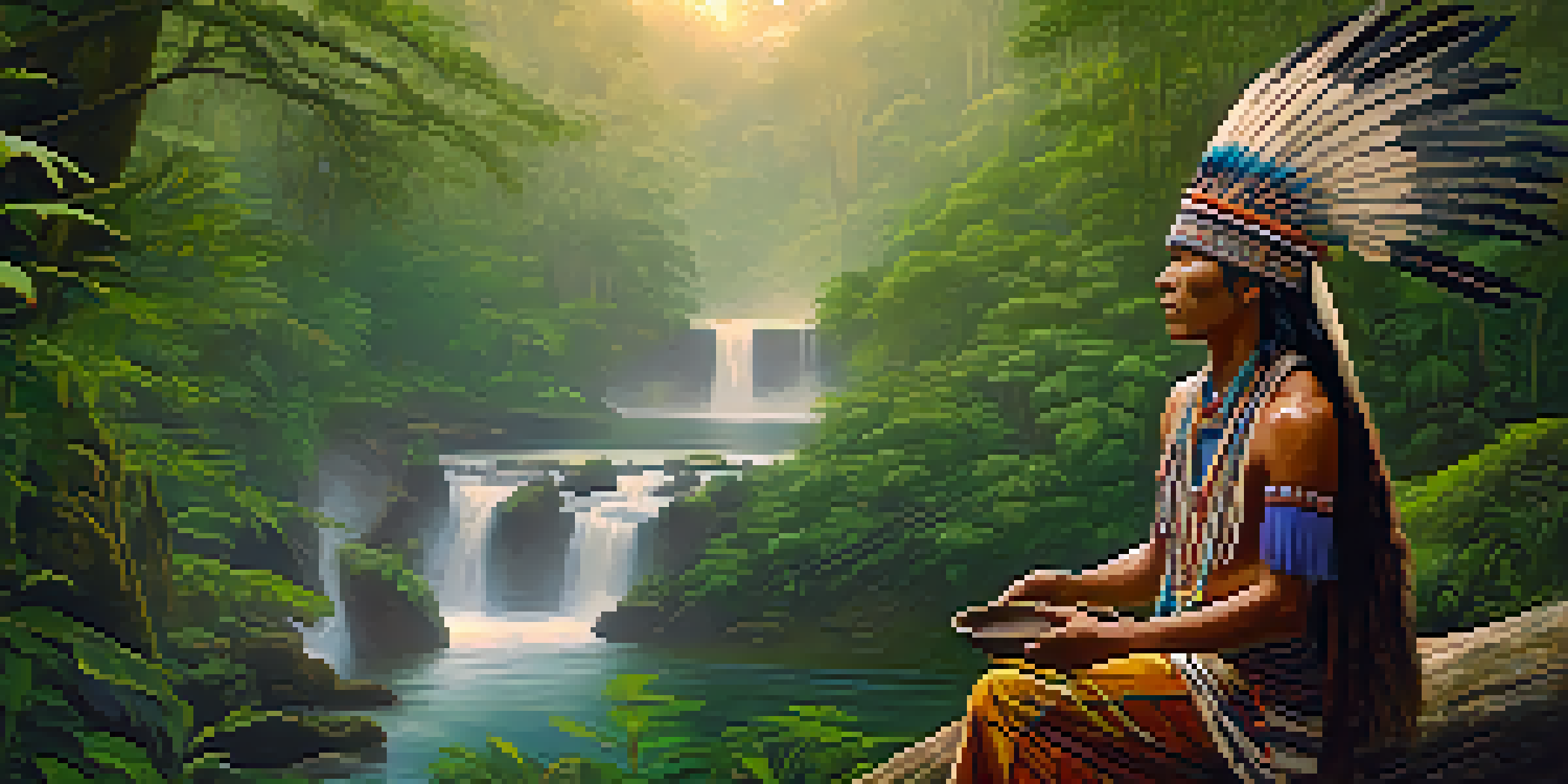 A tranquil scene in the Amazon rainforest with a shaman preparing Ayahuasca at dawn, surrounded by lush greenery and mist.