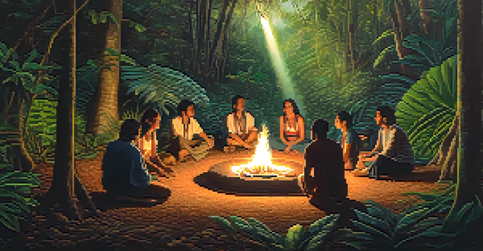 A peaceful Ayahuasca ceremony in the jungle, with a group of people gathered around a fire, showcasing diverse expressions of emotion under the soft light filtering through trees.