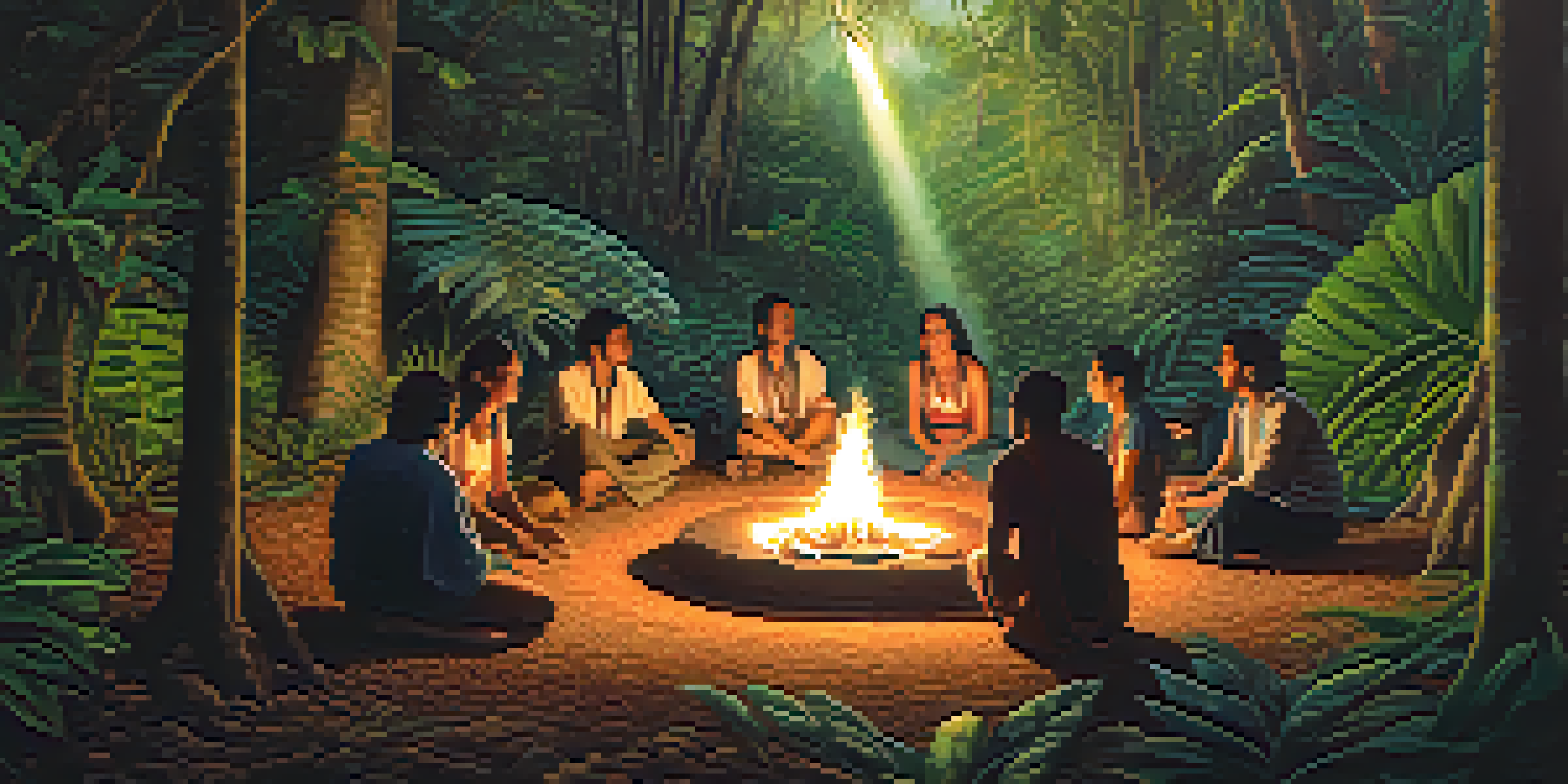 A peaceful Ayahuasca ceremony in the jungle, with a group of people gathered around a fire, showcasing diverse expressions of emotion under the soft light filtering through trees.