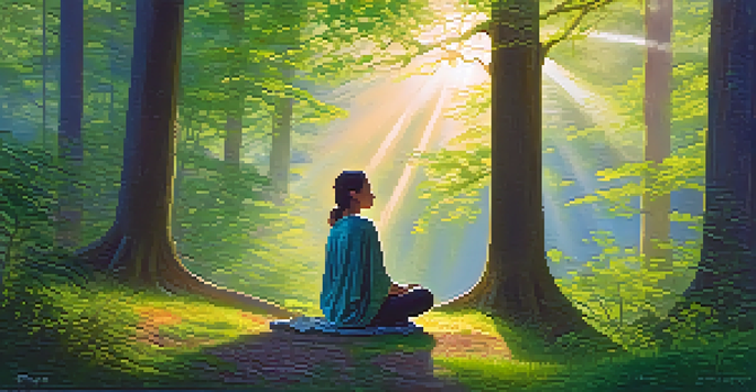 A person practicing breathwork in a tranquil forest at dawn, with sunlight filtering through trees and mist in the air.
