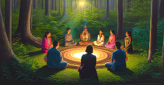 A group of diverse people seated in a circle in a forest during an Ayahuasca ceremony, with soft light filtering through the trees.