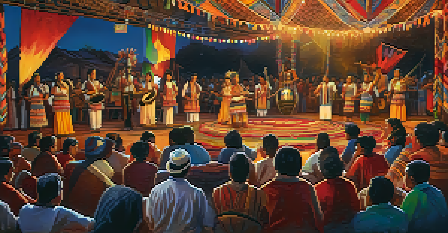 A lively festival with Indigenous musicians performing on stage, featuring a blend of traditional and modern music with an engaged audience.