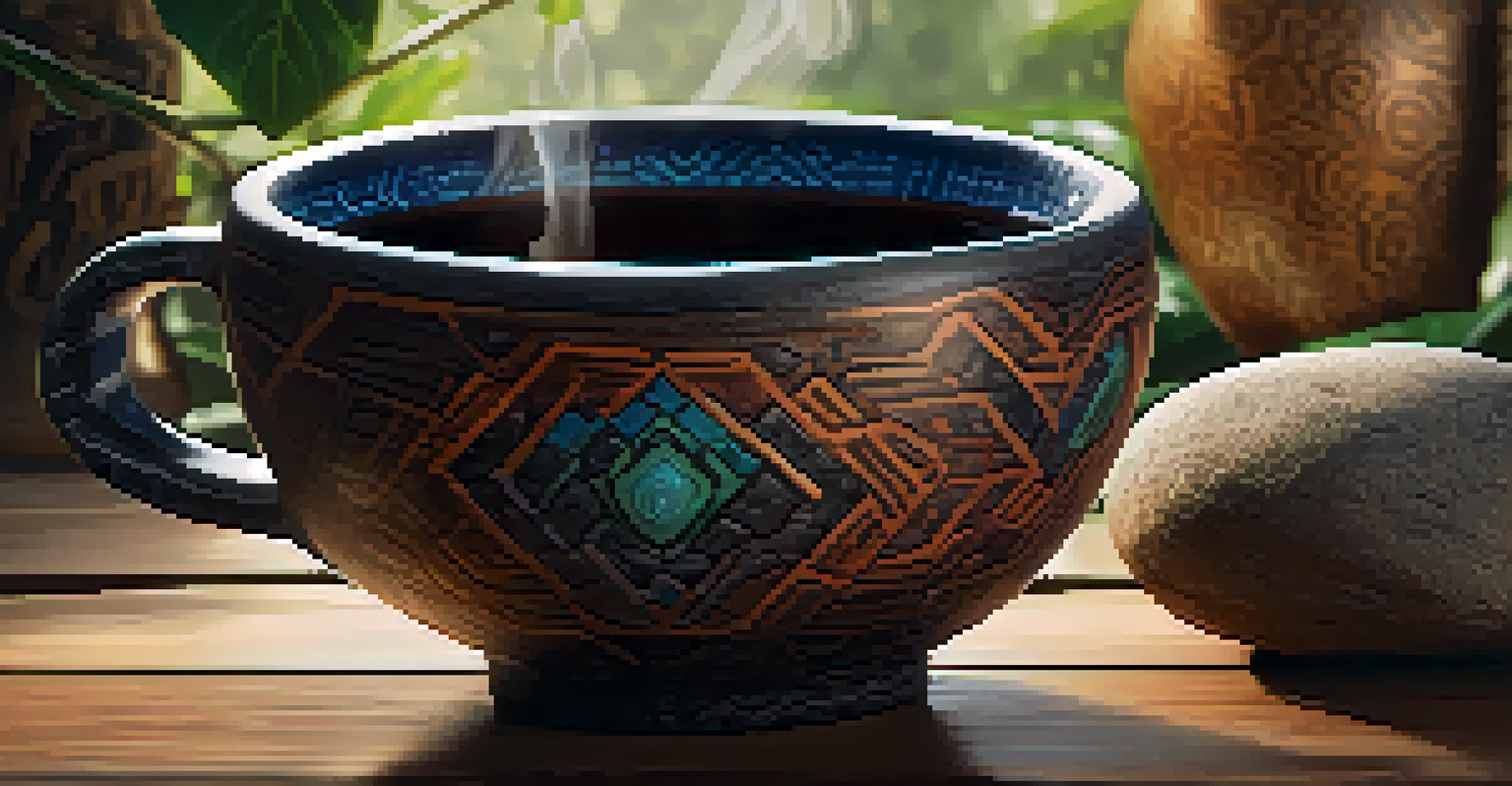 A close-up of a ceramic cup with Ayahuasca brew on a wooden table surrounded by natural elements.