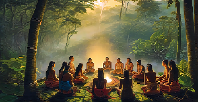 A peaceful scene of an Amazonian landscape at dawn with a shaman guiding an Ayahuasca ceremony among lush greenery.