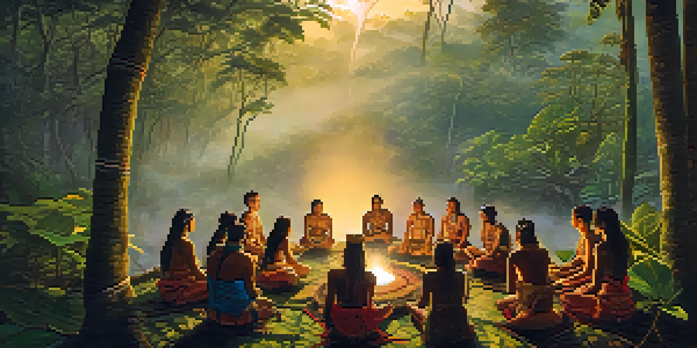 A peaceful scene of an Amazonian landscape at dawn with a shaman guiding an Ayahuasca ceremony among lush greenery.