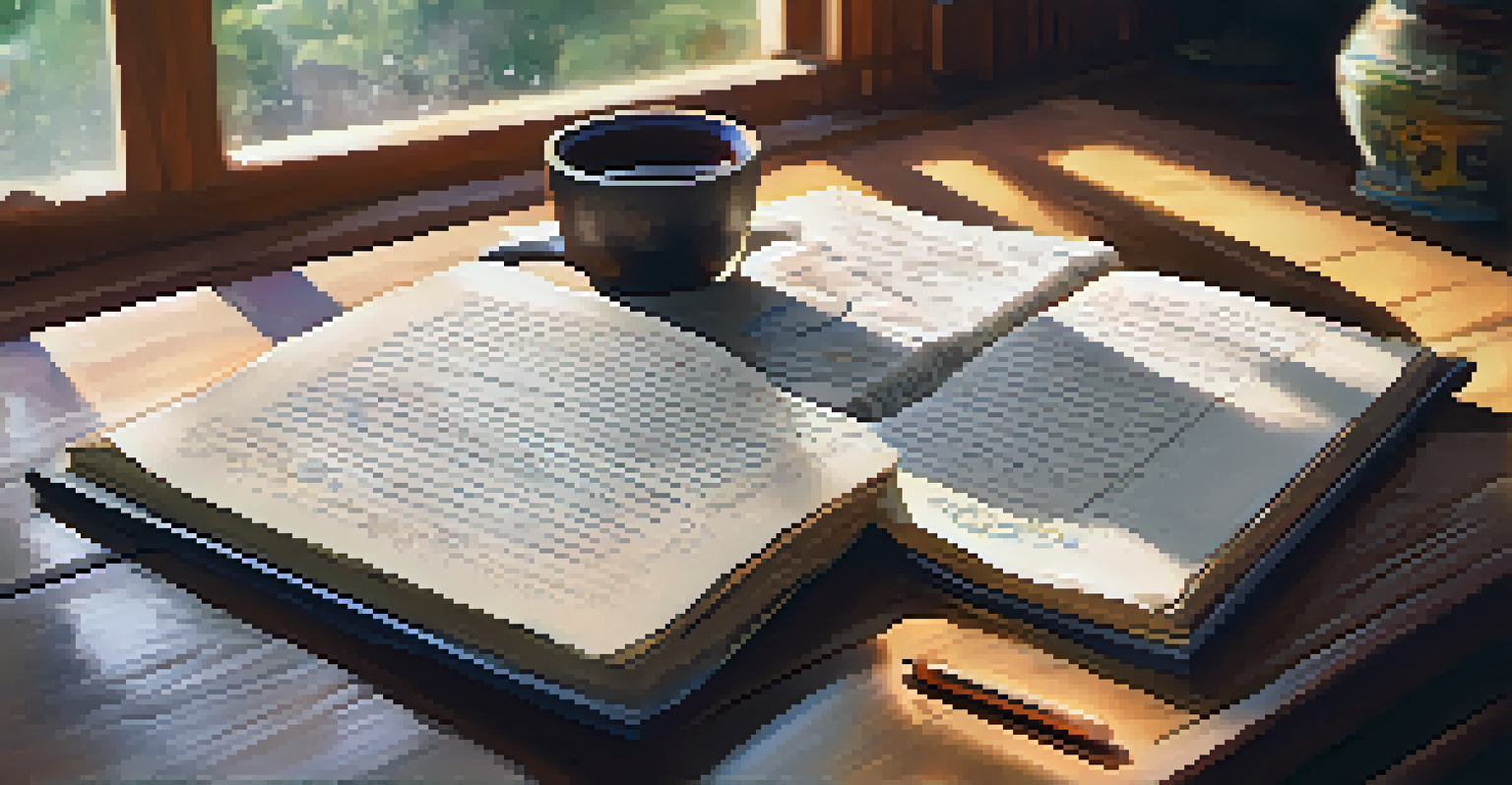 A close-up of a journal with handwritten notes on a wooden table, accompanied by a cup of herbal tea and natural light.