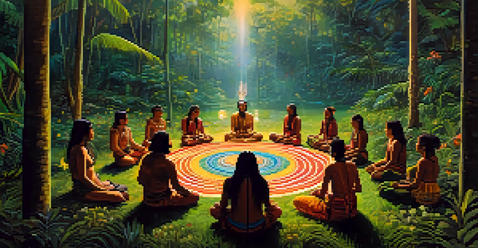 An Ayahuasca ceremony in the Amazon rainforest, with participants in a circle and a shaman in the center, surrounded by lush greenery and warm evening light.
